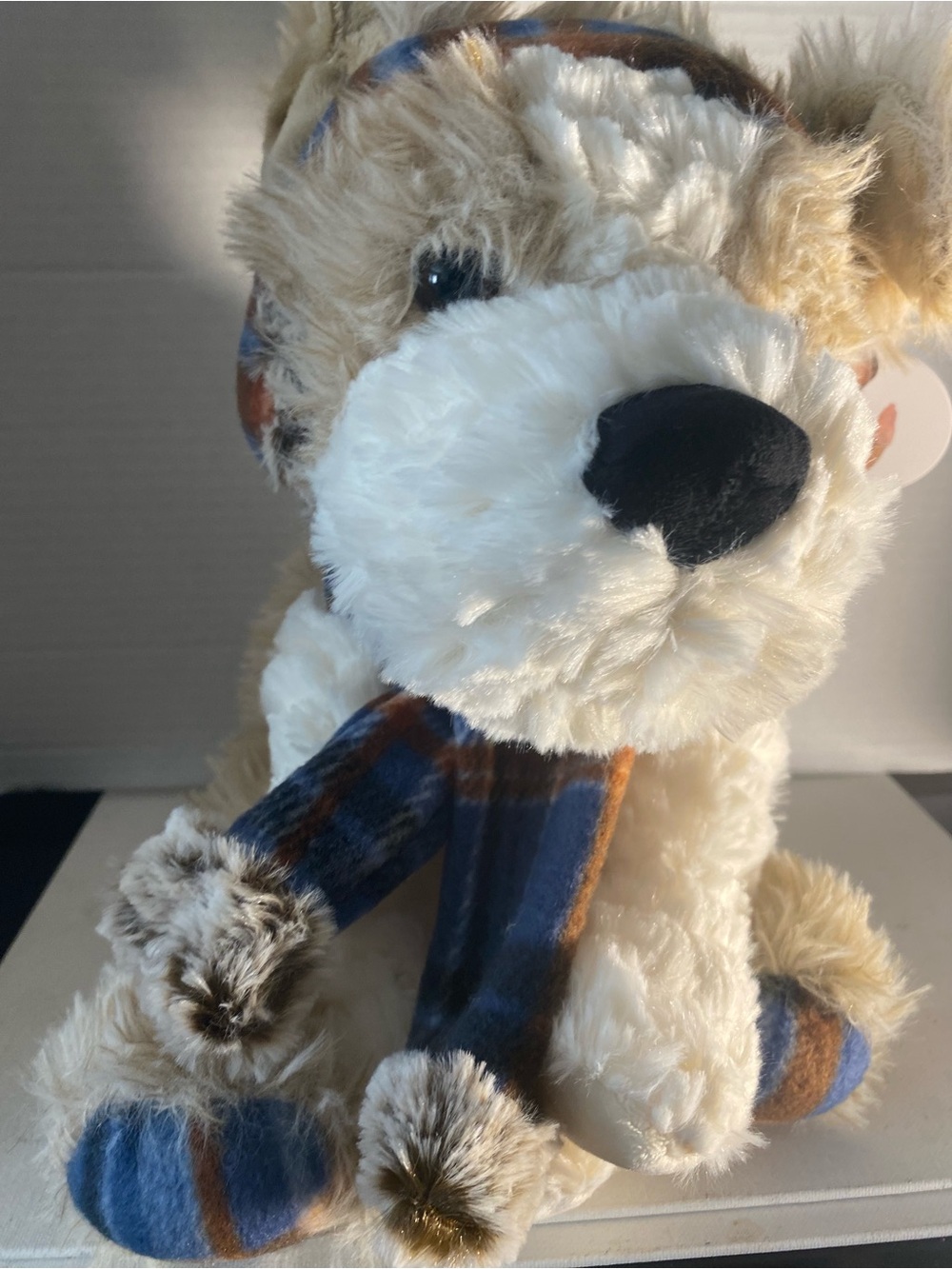 Plush Dog Toy with Blue and Brown Striped Scarf - Brand Unspecified